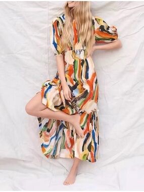 Anthropologie | Maeve Suzannah Colorful Printed Puff Sleeved Maxi Dress